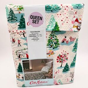 Cath Kidston Shine Bright Queen Sheet Set Christmas Village Trees Cotton Percale